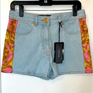 Versace Light Blue Jean Shorts with Pink and Gold Medusa Accents